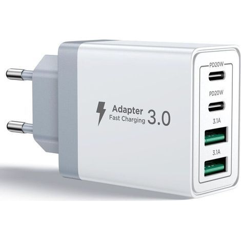 Chargeur USB C, 40W 4 Port Prise USBC Chargeur Rapide iPhone, Multi Secteur PD+QC 3.1A Type C Adaptateur pour iPhone 16 15 14 13 12 11 Pro Max X XS XR 8 7 6S Plus Mini SE, iPad,Samsung Galaxy
