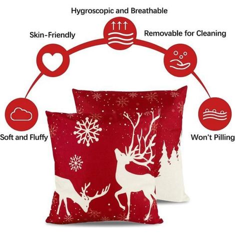 Housse de Coussin Noel - Deco Housse Decoratifs Pour Interieur - Rouge - 45x45 Cm - Père Noël élans Cadeaux (1/4)