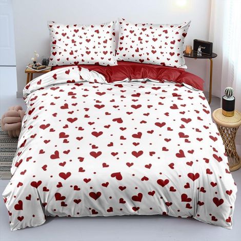 Linge de lit 220x240 cm avec cœurs, 3 pièces, microfibre, doux, avec fermeture éclair