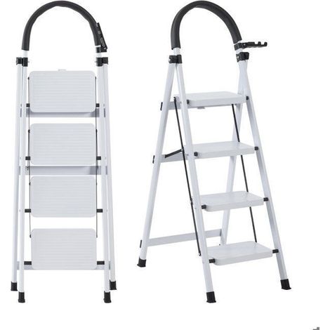Siete Comfort-Escabeau 4 pasos (Solo) - Plegable - Estabilidad y seguridad óptimas - Cargado 150KG - En Acero - Blanco