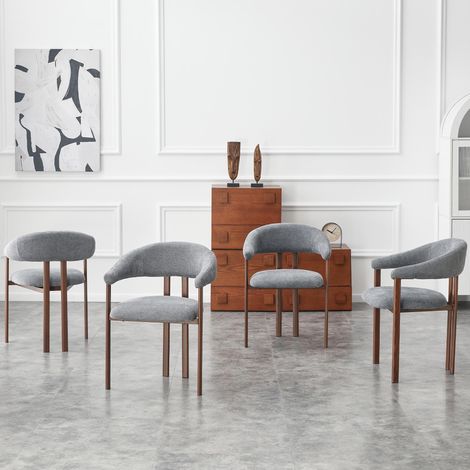 Ensemble de 4 fauteuils tonneau, chaises modernes en tissu avec pieds en fer et fauteuils confortables, idéal pour une maison de campagne, une salle à manger ou un salon, gris. (1/5)