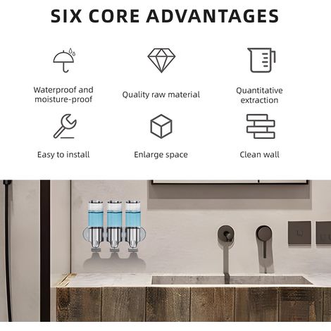 Distributeur de savon de douche 3 en 1, chambre de 3 x 500 ml, pompe et organisateur de salle de bain muraux non percés – peut contenir du shampoing/après-shampooing, du gel, de la lotion pour le corp (1/5)