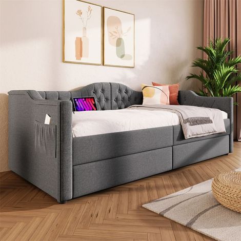 Lit rembourré 90x190 cm méridienne avec coffre, 2 tiroirs et port USB‑C, lin gris, 1 place, sans matelas (1/5)