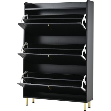 Mobile portascarpe slim a 3 ribalte in MDF nero con gambe e maniglie in metallo dorato (1/5)