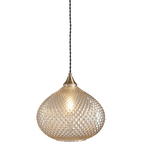Lampada a sospensione singola in vetro champagne, piastra in ottone anticato (1/5)