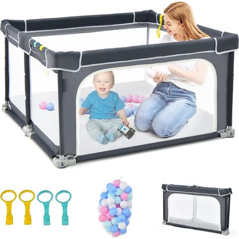 COSTWAY Parque Infantil Bebe Plegable, Parque de Juegos para Bebé, 124x124x70cm, Corralito Bebe con Dispositivos de Bloqueo y Ventosas Antideslizantes, 50 Bolas, 4 Anillos de Agarre (Gris Oscuro)