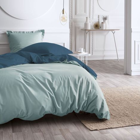 Parure de lit 3 pièces 260x240 cm percale bicolore bleu et céladon