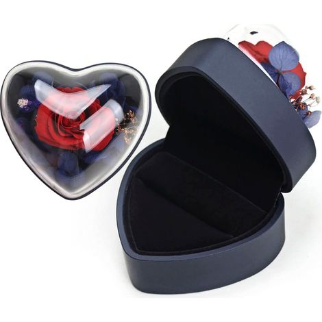 Boîte à bague en velours en forme de cœur avec rose éternelle - Bijou romantique à offrir pour la Saint-Valentin, la fête des Mères, un mariage, un anniversaire ou toute autre occasion spéciale - Bleu (1/5)
