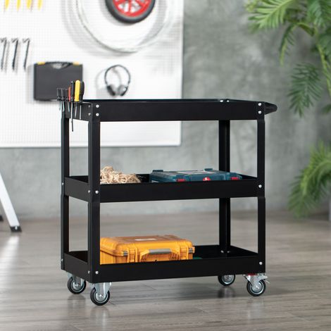 Chariot à outils en acier avec 3 étagères sur roulettes avec poignée - Charge maximale 150 kg - 83 x 35,3 x 76 cm Noir