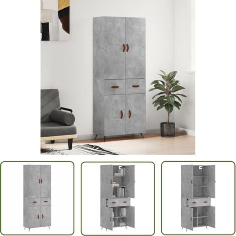 The Living Store Buffet haut Gris béton 69,5x34x180 cm Bois d'ingénierie - Buffet Design Moderne - Meuble De Rangement - Armoire Élégante - Mobilier Gris - Buffet Haut (1/5)