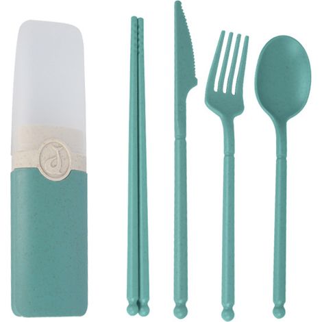 Couverts En Paille De Blé - Fourchette Cuillère Couteau Baguettes - Set Réutilisable Pour Voyage Bureau Pique-Nique - 4 Pièces (1/5)