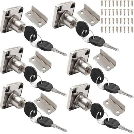 Serrures de cabinet avec clé, Serrures de cabinet de 20mm avec clé, Verrouillage avec clé pour meubles, Cabinet, Boîte à lettres, Tiroir, Maison, Bureau, Argent (Pack de 6) (1/5)