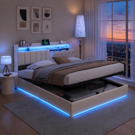 Lit coffre adulte 140x190 cm capitonné avec rangement hydraulique, fonction charge USB et éclairage LED (1/5)