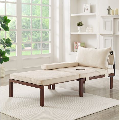 Canapé convertible 1 place in velluto beige con porta USB Type-C, poltrona letto pieghevole salvaspazio (1/5)
