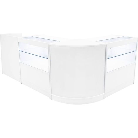 Set Mostradores Comerciales "PHOENIX"   Blanco CM60 + 2xC900 + TB60 MDF y vidrio templado  Estantes y puertas corredizas con cerradura  Fácil Montaje  Mostrador Recepción Expositor Comercial Mesa