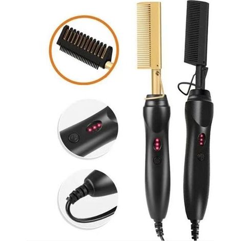 Beheizbarer Haarkamm – 2-in-1-Glättungskamm, Afro-Haarglättungskamm, 3 Temperaturstufen, tragbarer Reise-Heißkamm, geeignet für Haare und Perücken (1/5)