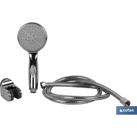 COFAN kit ducha 5 funciones (mango+flexo+colgador) , Kit de ducha modelo ABS cromado. Cuenca con 5 funciones y está compuesto de un mango de ducha con 5 posiciones de hidroterapia