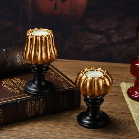 Lot de 2 photophores citrouilles en résine pour bougies chauffe-plat – Décoration de table pour mariage, Noël et fêtes (1/5)