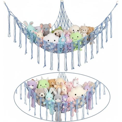 Juego de 2 redes de almacenamiento para peluches - Para un rincón de la habitación infantil - Hamaca de macramé - Azul delicado (1/5)