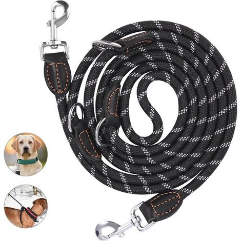 Guinzaglio regolabile per cani di taglia grande e media - Doppio guinzaglio in nylon con 2 moschettoni e 3 anelli - Guinzaglio multifunzionale da 3 m (1/5)