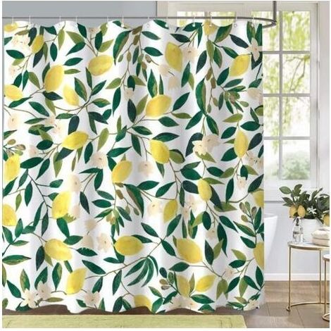 Rideau de douche en tissu imperméable , motif citron, fruits, feuilles vertes, plantes, 183 x 183 cm (1/5)