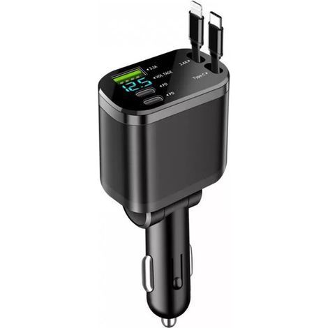 Chargeur de voiture rétractable 5 en 1 – USB-C, USB-A et Lightning – Charge rapide – Pour iPhone et Android – Organisateur de câbles pour voiture (1/5)