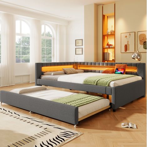 Bett Daybett 140x200 ausziehbar Leinen Grau HAVRYA (1/5)