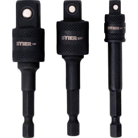 STIER Bit Adapter Satz 3-teilig, 1/4, 3/8 und 1/2 Zoll, Steckschlüssel Einsätze, Stecknüsse, Schnellverschluss System, Stecknuss Adapter, hohe Griffigkeit durch Riffelung am Schaft (1/5)