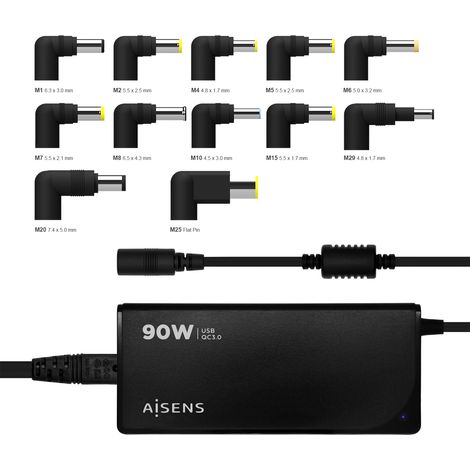 Aisens Ladegerät 90w automatisch universal multivoltage mit 12 Steckern + usb-a qc.3.0