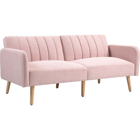 2-Sitzer-Schlafsofa, skandinavisches Design, 3-fach verstellbare Rückenlehne, Holzbeine, rosa Leinenoptik