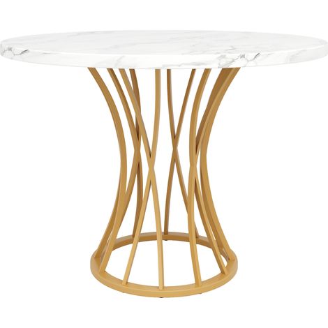 Table à manger ronde MDF marbrée 80x80x76 cm avec pieds en métal doré, réglable, pour 4-6 personnes (1/5)