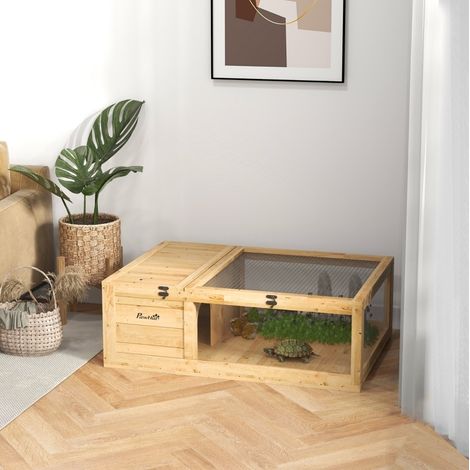 Casetta in legno per tartarughe, recinto a 2 zone, tetto apribile, 91 x 60,5 x 32 cm, gialla HAVRYA