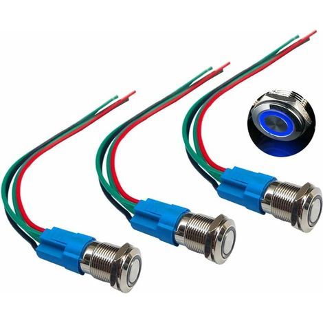 Paquete de 3 interruptores pulsadores momentáneos premium de 12 V y 3 A, interruptor pulsador de 12 mm, LED azul, interruptor impermeable IP66 con cable de alimentación. (1/4)