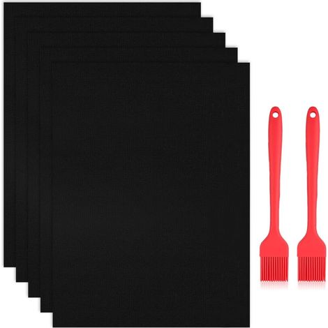 Grillmatten-Set, 5-teilig (60 x 40 cm), wiederverwendbares Grillpapier mit Bürste, antihaftbeschichtete Teflon-Backmatten, leicht zu reinigen, PFOA-frei (1/5)