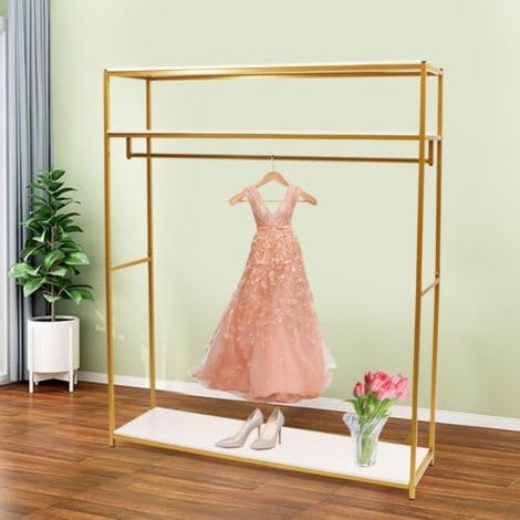 Rail de rangement pour vêtements de mariée - Portant autonome avec étagère - Chariot professionnel - Porte-manteau à roulettes - Doré