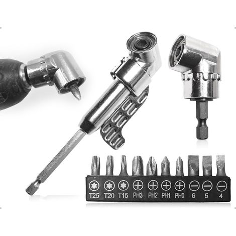 Tournevis d'angle 105° adaptateur avant, accessoire de perçage d'angle de bureau hexagonal, moyeu de vis d'outil d'angle avec embout de tournevis (argent, long et court) (1/5)