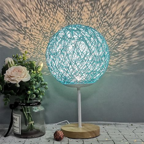 Lampe bureau bambou – USB – rotin – forme boule – LED – veilleuse – dortoir / chambre – bleu ciel – 7.9 pouces