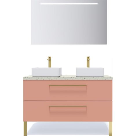 Meuble de salle de bain suspendu 2 vasques à poser 120cm 2 tiroirs Abricot + miroir - Glasgow (1/5)