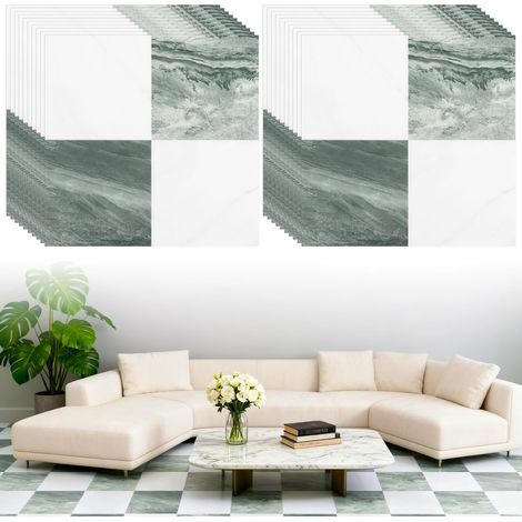 Lot de 20 dalles de sol autocollantes en PVC - 30 x 30 cm - 0,7 mm - Motif marbre vert et blanc - Environ 1,8 m² - Pour cuisine, couloir, toilettes d'invités et rénovation (1/5)