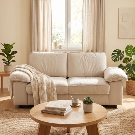 2-Sitzer-Sofa 201 x 91 x 89 cm aus cremeweißem Plüschstoff mit Stauraum – MEUBLIV (1/5)