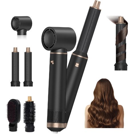 Styler Cheveux 5-en-1 - Séchoir À Cheveux Avec Technologie Coanda - Boucleur Et Lisseur Intégrés - Pour Tous Types De Cheveux - Noir - 5 Pièces