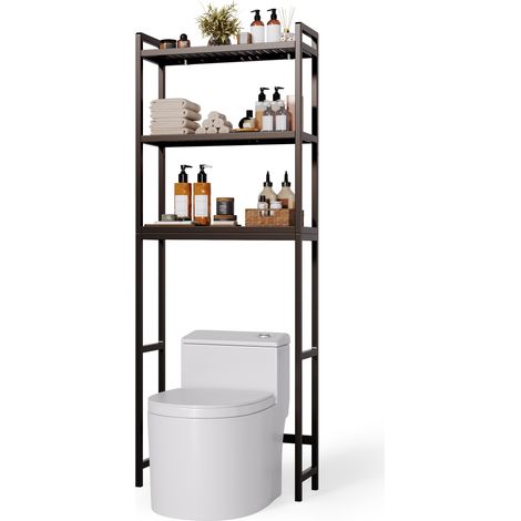 Étagère de Rangement de Salle de Bain à 3 Niveaux Bealife Meuble en Bambou pour Machine à Laver Toilettes 63 x 26 x 170 cm Black (1/5)