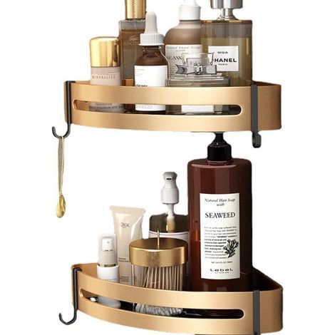 Set of 2 Corner Shower Shelf Without Drilling Bathroom Shelf Adhesive Stainless Steel Triangle Basket Storage for Shampoo Soap with Hooks (1/5)