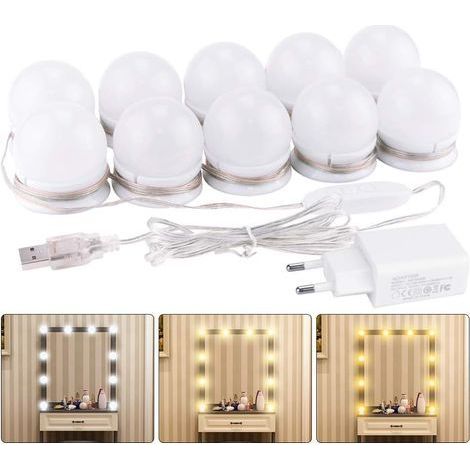 10 Ampoule LED Miroir, 3 Couleurs Dimmable, Guirlande Lumineuse USB, Pour Coiffeuse Salle De Bain (1/5)