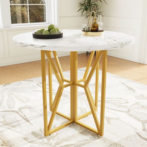 Table de salle à manger Ronde 80 cm, Table de cuisine Effet Marbre Blanc - Pieds en Métal Dorés - idéale pour 4 à 6 personnes