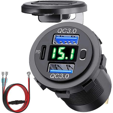 Chargeur USB multifonction 12 V avec double prise USB, charge rapide, voltmètre et interrupteur marche/arrêt, pour voiture, bateau ou camion. (1/5)