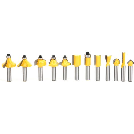 Lot de 12 fraises à bois carbure jaune pour défonceuse, kit de coupe de menuiserie avec coffret bois, idéal pour sculpture et affleurage (1/5)