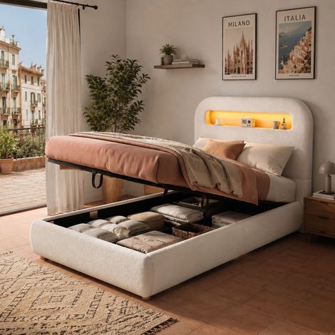 Lit rembourré, lit simple, lit enfant 90 x 200 cm, lit à réglage hydraulique, sommier à lattes, tête de lit et grand espace de rangement, éclairage LED, pieds en bois massif, blanc, bouclé (1/5)