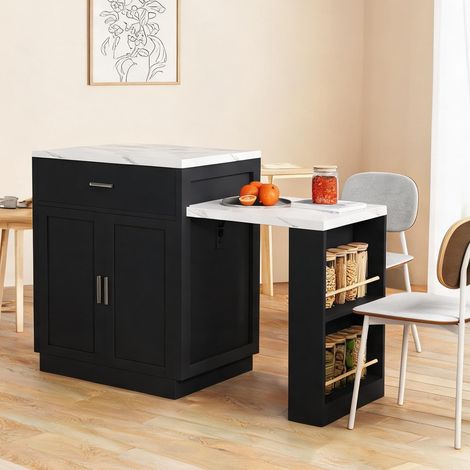 Îlot de cuisine noir avec table extensible et prises intégrées (1/5)