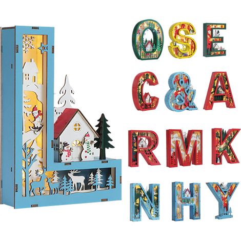 (Benötigt 2 AA-Batterien) Leuchtende Holzornament in Form eines englischen Buchstabens, weihnachtlicher Stil, personalisierte Heimdekoration, handgefertigte Lampe (L) (1/2)